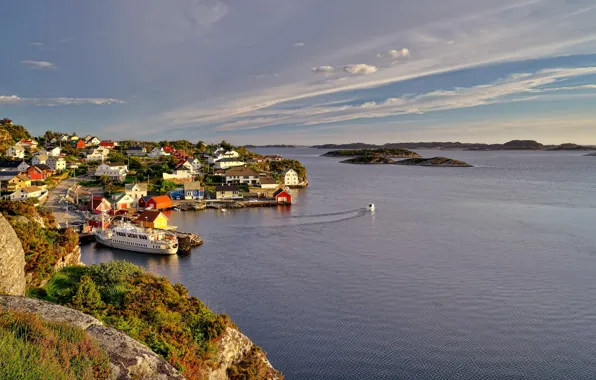 Картинка небо, побережье, Норвегия, домики, Norway, Sotra