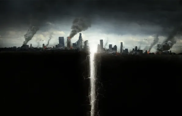 Картинка город, дым, вертолеты, катастрофа, небоскребы, постер, трещина, San Andreas