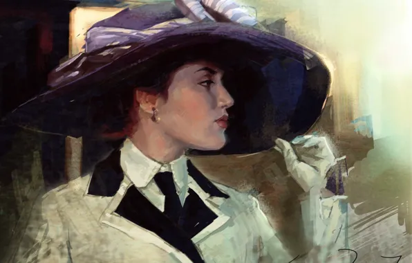 Девушка, шляпа, арт, перчатки, Титаник, живопись, Titanic, Kate Winslet