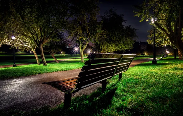 Картинка трава, деревья, скамейка, ночь, огни, парк, Англия, Лондон
