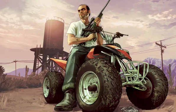 Картинка мужик, квадроцикл, снайперка, Grand Theft Auto V, gta 5, тревор