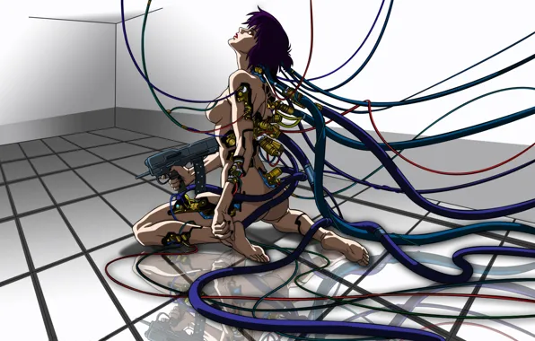 Плитка, кабели, автомат, киборг, Призрак в доспехах, Ghost in the Shell, Motoko Kusanagi, Мотоко Кусанаги