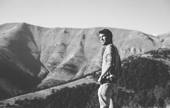Camera, mountains, man, sunny