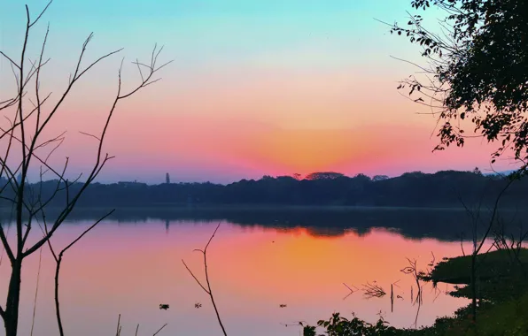 Sun, Water, Sunrise, Dawn, Morning, Lake, Trees, Reflection