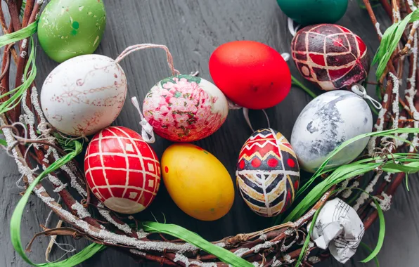Картинка яйца, пасха, Праздник, венок, веточки, Easter, eggs, Holiday