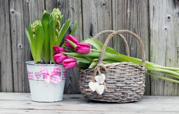 Цветы, букет, тюльпаны, корзинка, wood, flowers, romantic, hearts