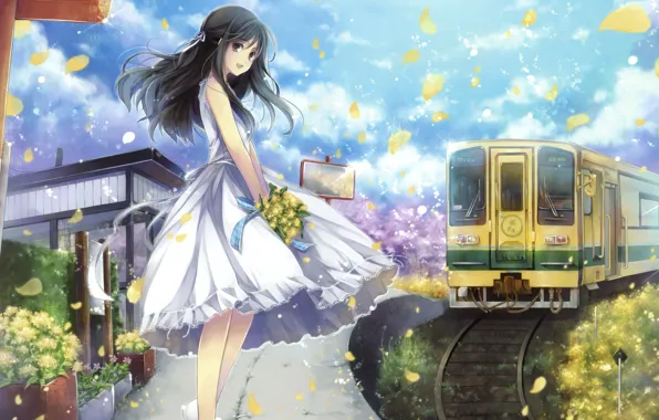Картинка девушка, радость, цветы, улыбка, поезд, букет, лепестки, платье
