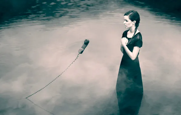 Девушка, трубка, телефон, в воде