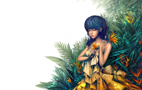 Картинка девушка, лицо, растения, арт, белый фон, живопись, закрытые глаза, желтое платье