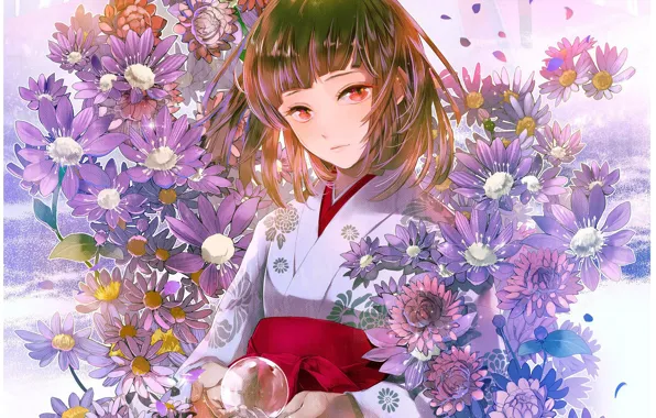 Девочка, жрица, красные глаза, японская одежда, хризантемы, стеклянный шар, челка