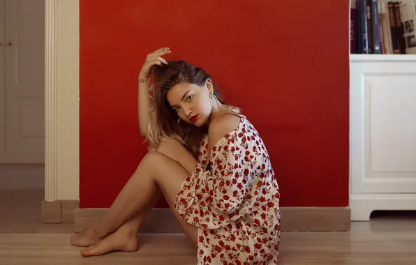 Картинка девушка, лицо, волосы, платье, пол, сидит