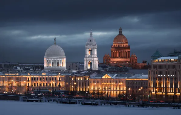 Картинка зима, здания, дома, Санкт-Петербург, храм, Россия, набережная, замёрзшая река