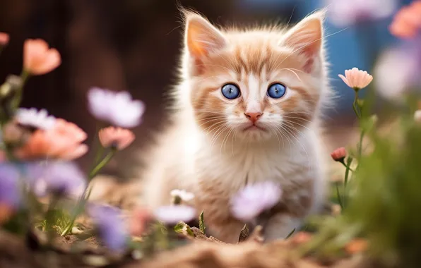 Кошка, взгляд, цветы, поза, котенок, рыжий, голубые глаза, мордашка