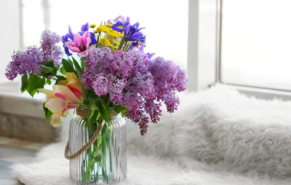 Картинка цветы, букет, ваза, flowers, сирень, spring, весенние, lilac