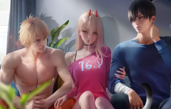 Кот, девушка, растения, демон, парни, Power, Sakimichan, Chainsaw Man
