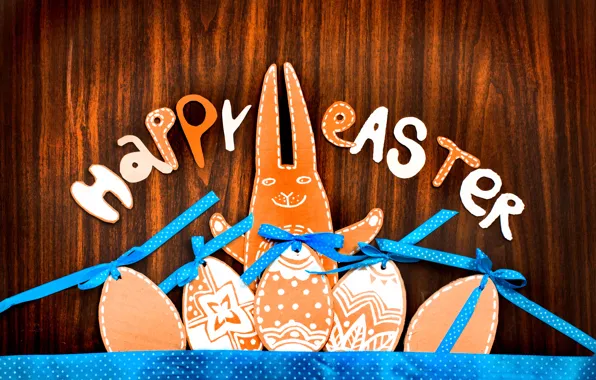 Картинка ленты, дерево, праздник, надпись, заяц, яйца, Пасха, фигурки