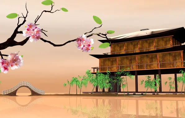 Картинка Сакура, Sakura, Восточные пейзажи, дома на воде, house on the water, Eastern landscapes