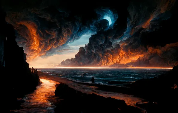 Море, вода, закат, скалы, дым, фигура, арт, Art