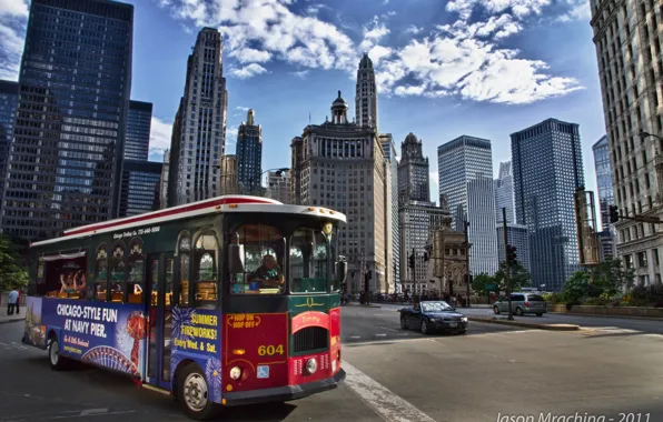 Движение, улица, здания, небоскребы, автобус, америка, чикаго, Chicago