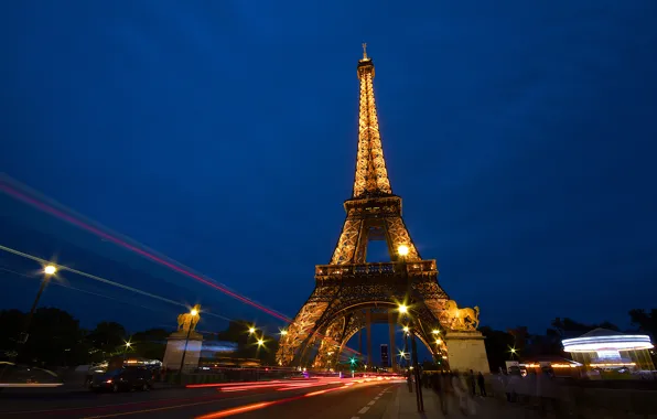 Дорога, ночь, город, люди, Франция, Париж, выдержка, Эйфелева башня