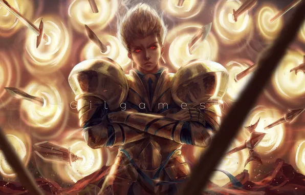 Парень, мечи, Гильгамеш, золотые доспехи, Fate / Stay Night, Fate / Zero