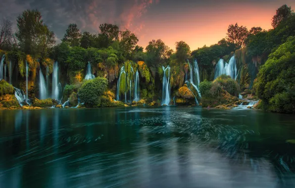 Картинка деревья, река, водопады, Босния и Герцеговина, Bosnia and Herzegovina, Водопад Кравица, Kravica Waterfalls, Trebižat River