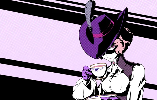 Взгляд, девушка, шляпа, маска, чашка, Persona 5, Персона