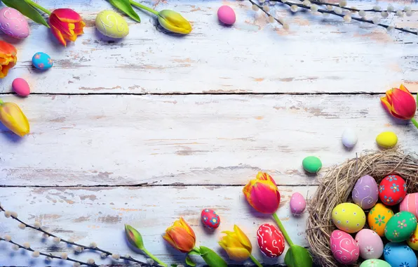 Картинка цветы, яйца, весна, colorful, Пасха, happy, wood, flowers