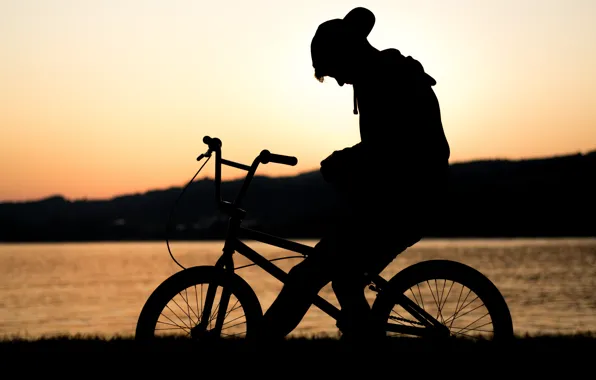 Закат, велосипед, озеро, одиночество, силуэт, парень, ожидание, bmx