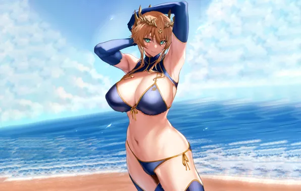 Girl, sexy, wet, cleavage, beach, blouse, thighhighs, sky