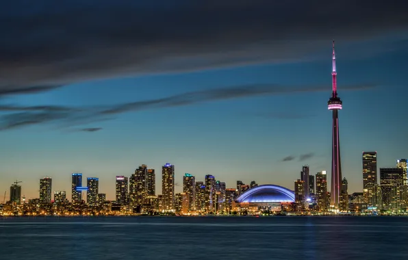 Закат, город, Канада, панорама, skyline, Ontario, Toronto, center island
