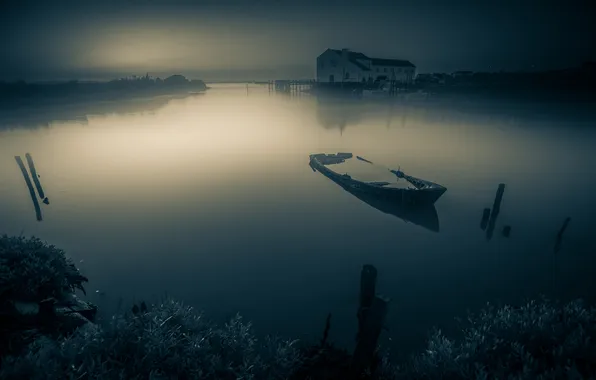 Ночь, озеро, лодка