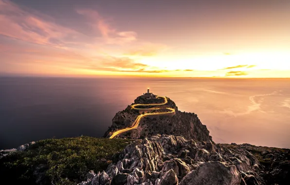 Море, закат, маяк, España, Formentor