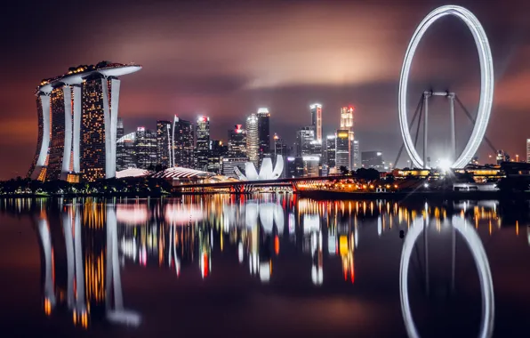 Картинка Skyline, Singapore, Reflection, Marina Bay, Cityscape, Night City, City lights