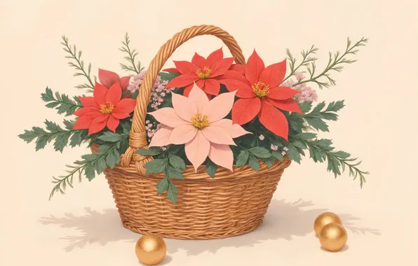 Листья, шарики, цветы, ветки, букет, Рождество, красные, Новый год