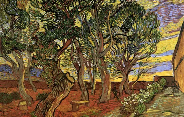 Картинка деревья, цветы, люди, больница, лавочки, Vincent van Gogh, The Garden of Saint-Paul, Hospital 5