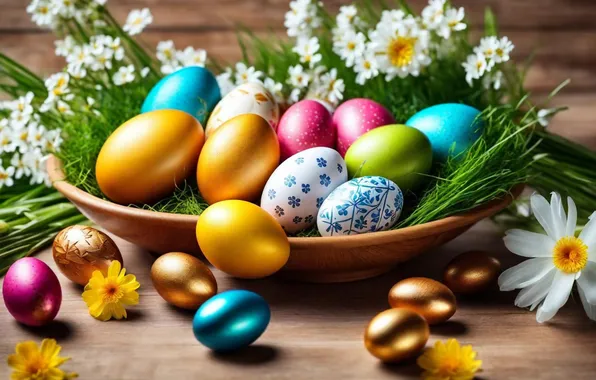 Картинка цветы, яйца, весна, colorful, Пасха, happy, flowers, spring