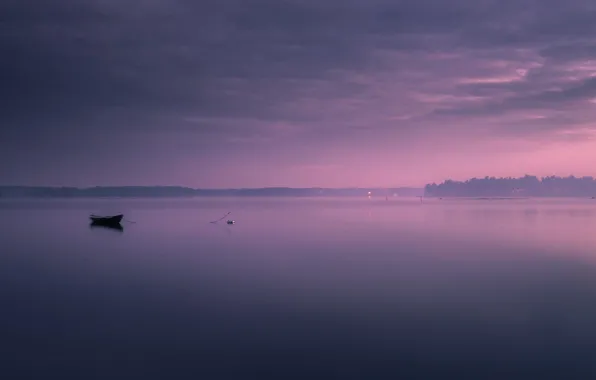 Картинка туман, озеро, лодка, утро