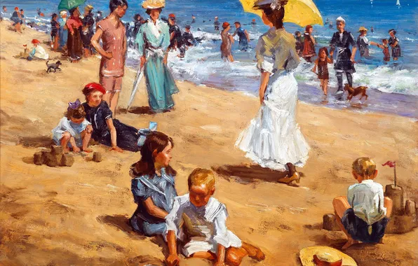 Песок, Море, Пляж, Дети, Люди, Картина, Зонтик, Женщины