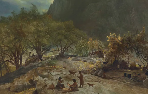 Картинка пейзаж, горы, картина, Альберт Бирштадт, Лагерь Индейцев в Марипоса. Долина Йосемити. Калифорния