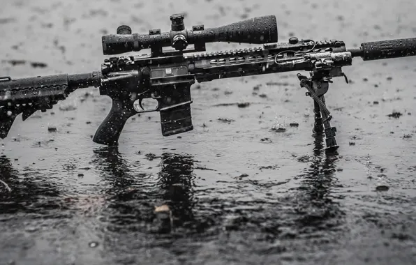 Wet, rain, water, assault rifle, tripod, telescopic sight