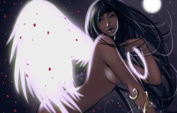 Взгляд, девушка, ночь, луна, волосы, крылья, ангел