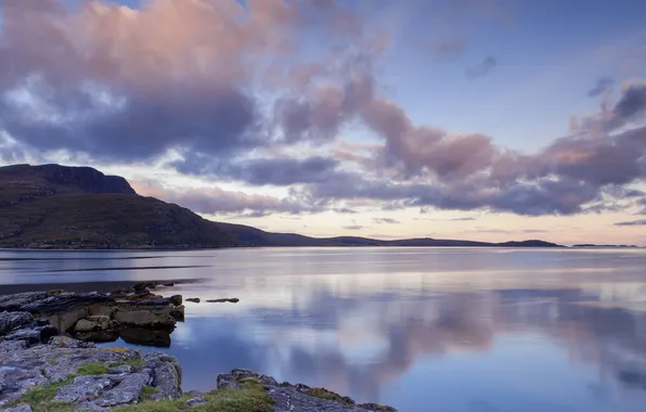 Вода, облака, озеро, камни, холмы, Scottish Highlands, Rhue