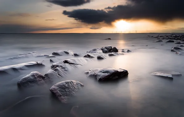 Картинка море, закат, камни, Sweden, Varmland, Takene