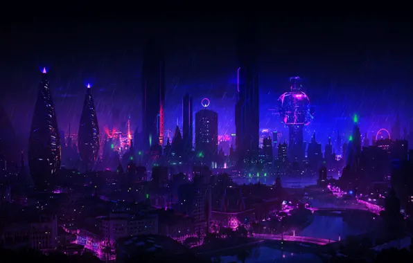 Ночь, Город, Неон, Дождь, Небоскребы, Здания, City, Архитектура