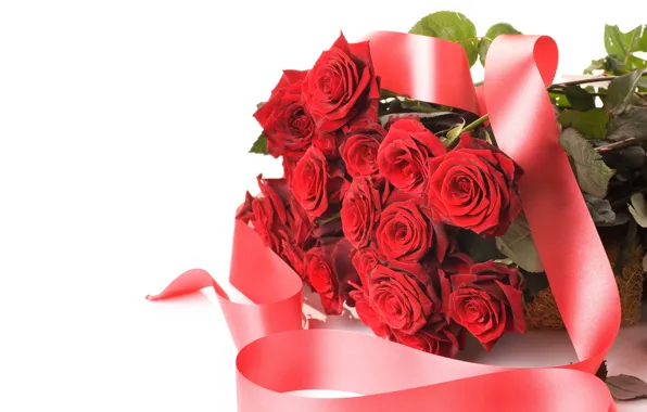 Праздник, розы, букет, лента, Красные, Valentine`s day, шикарные