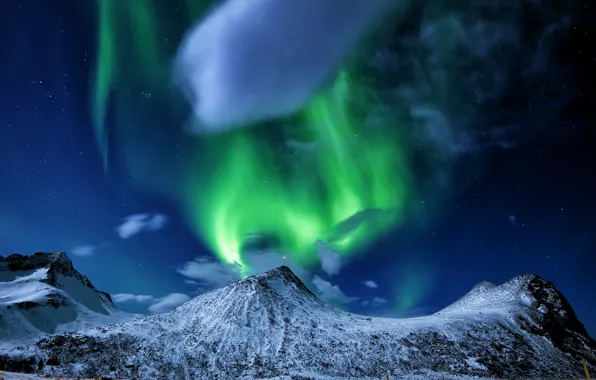 Картинка звезды, облака, снег, красота, северное сияние, clouds, snow, stars