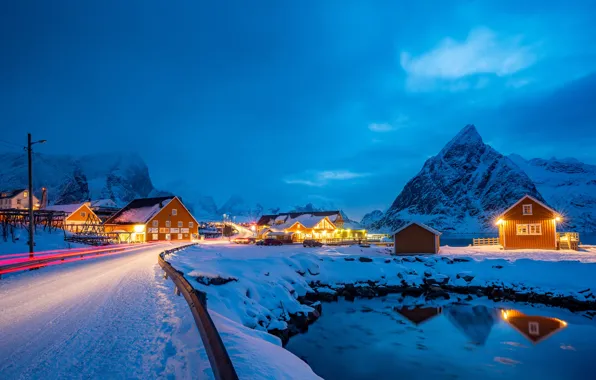 Картинка зима, огни, вечер, Норвегия, Lofoten