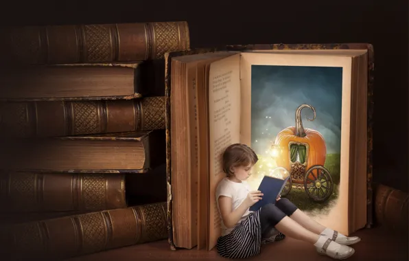 Книги, Алиса, девочка, тыква, карета, чтение
