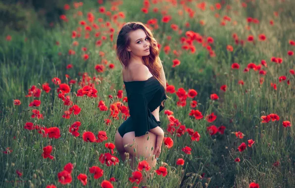 Попа, попка, взгляд, девушка, цветы, природа, поза, маки